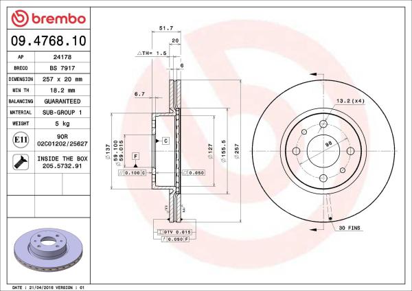 Front brake disc(s) (09.4768.10), Ø 257 x 20 mm, ventilated